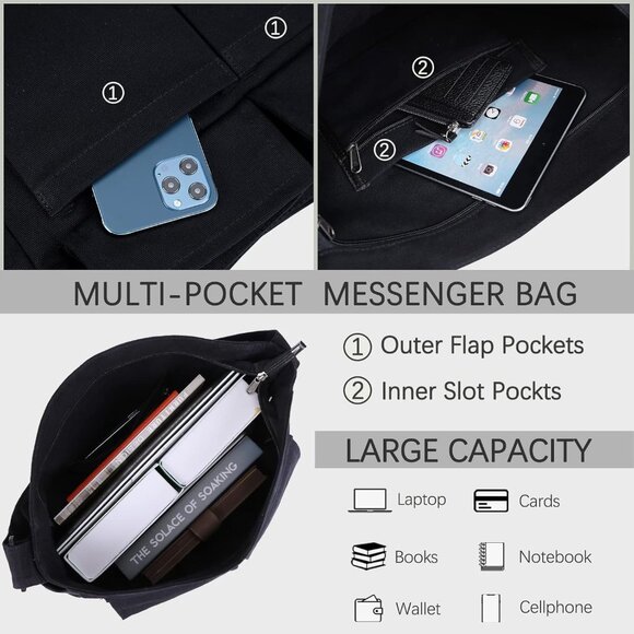 Canvas Messenger Bag Large Hobo Crossbody Bag with Multiple Pockets Canvas Shoul - Picture 4 of 6